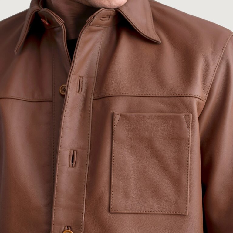 Mens Scout Matte Brown Leather Shirt Close-Up-9-1724065476235